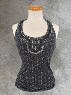 Embellished Black Racerback Tank with Script Print